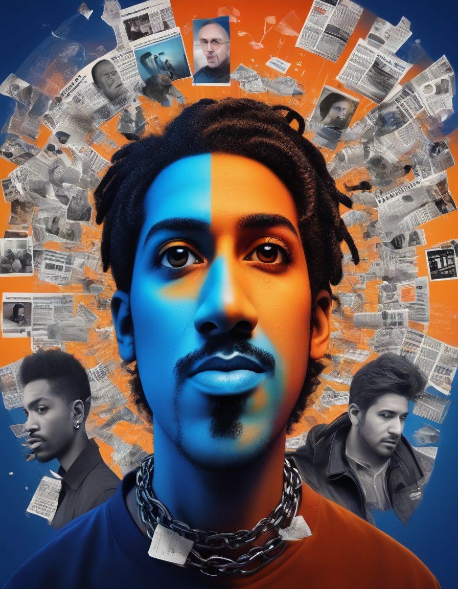 A dynamic collage showcasing diverse individuals engaged in critical thinking, surrounded by various media sources like newspapers, smartphones, and social platforms. Include symbols of misinformation like broken chains and blurred text, contrasting with bright lightbulbs representing enlightenment and understanding. The background should be a gradient of blue and orange, symbolizing the clash of truth and confusion. super-realistic. vibrant colors. 3D.