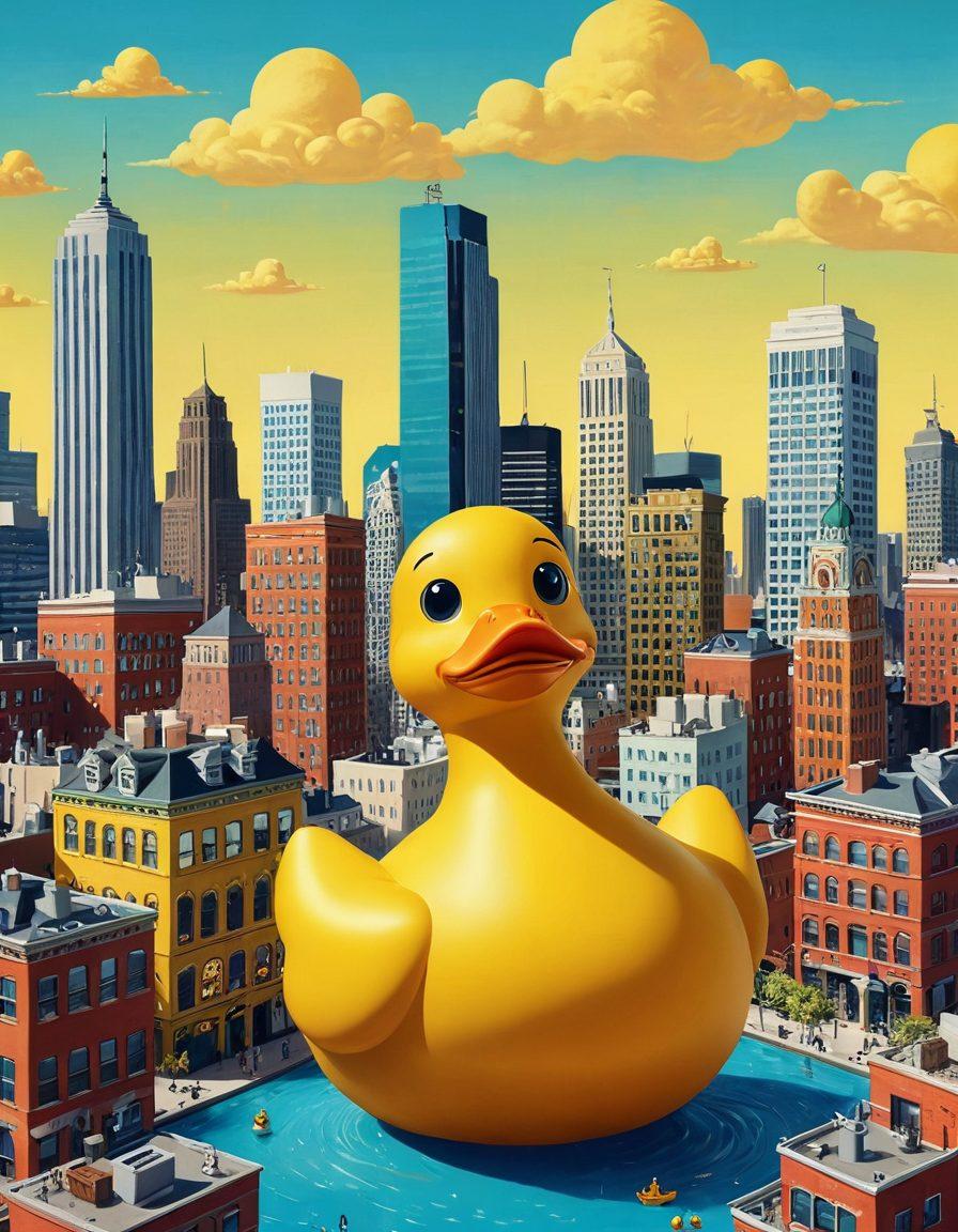 A whimsical illustration featuring a humorous twist on classic urban myths, such as a giant rubber duck confusing a city skyline, accompanied by exaggerated, cartoonish characters looking shocked. Include playful speech bubbles displaying viral misinformation in a colorful, funky font. The background should showcase a mix of urban elements with exaggerated proportions, creating a lively and satirical atmosphere. bright colors. cartoon style. whimsical.